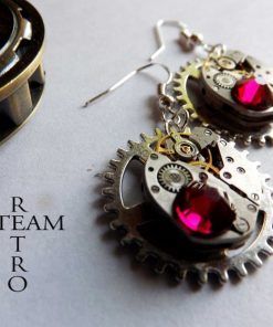 Pendientes Steampunk engranaje rubi