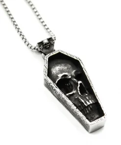 Collar gótico de ataúd y calavera . Fundido en acero inoxidable 316L indestructible, ¡llévalo contigo a la tumba!